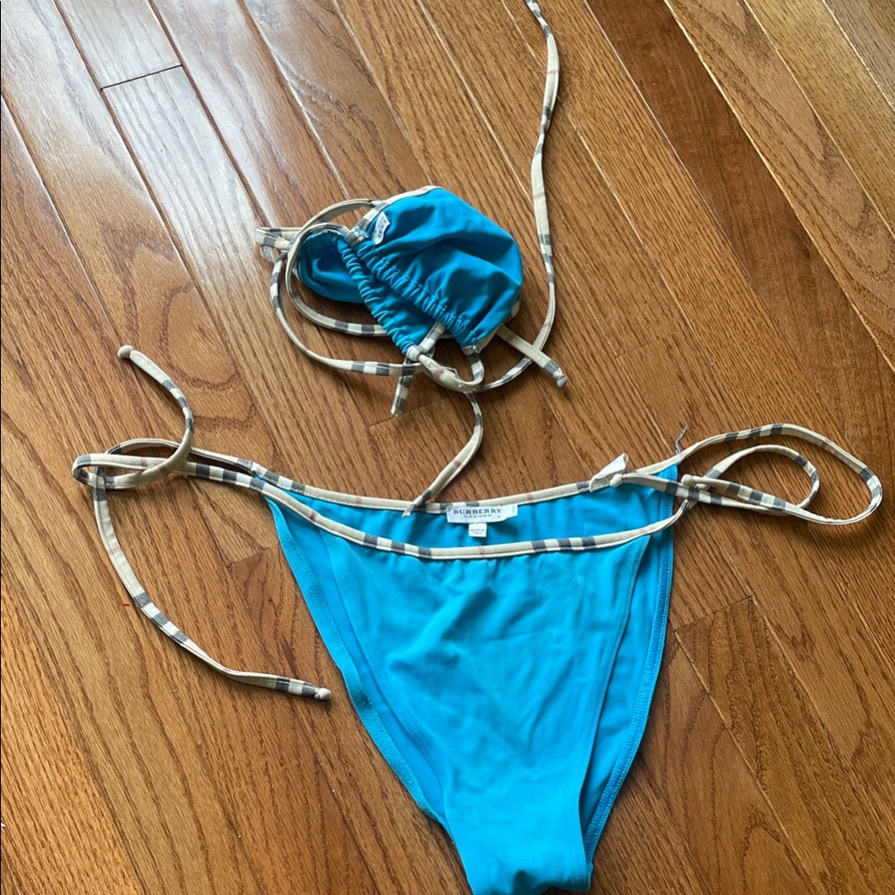 Burberry Turquoise Bikini with Check Straps
